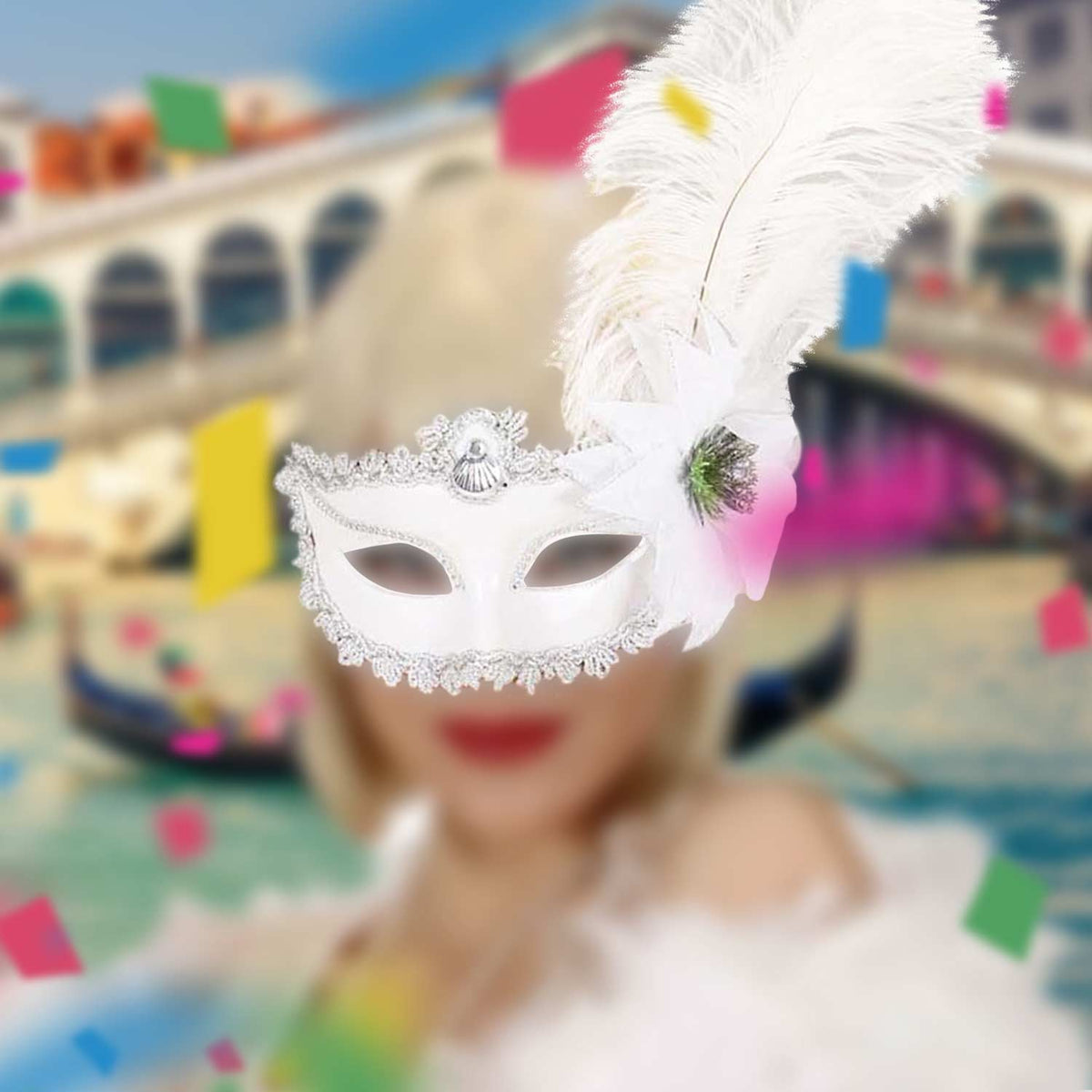 Maschera Veneziana,Volto con Piume Vere, Maschera Carnevale, Realizzata a  Mano in Cartapesta -  Italia