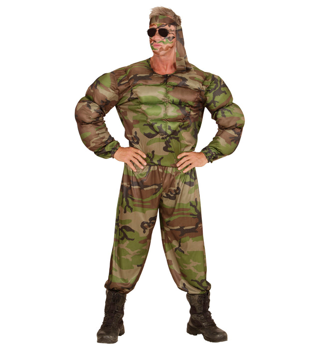 COSTUME DA SUPER SOLDATO MUSCOLOSO MIMETICA MILITARE