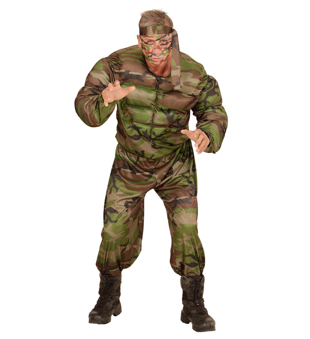 COSTUME DA SUPER SOLDATO MUSCOLOSO MIMETICA MILITARE