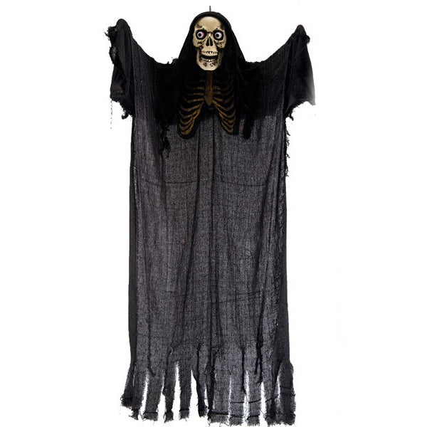 SCHELETRO SONORO CON TUNICA NERA E OCCHI LUMINOSI E GIREVOLI