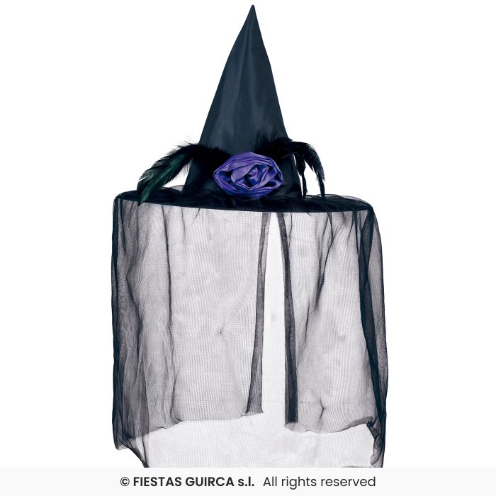 CAPPELLO DA STREGA CON VELO PIUME E STRASS
