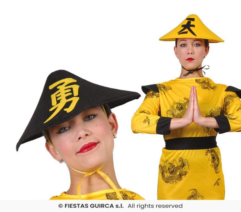 CAPPELLO CINESE GIALLO E NERO CON DECORAZIONE IDEOGRAMMA
