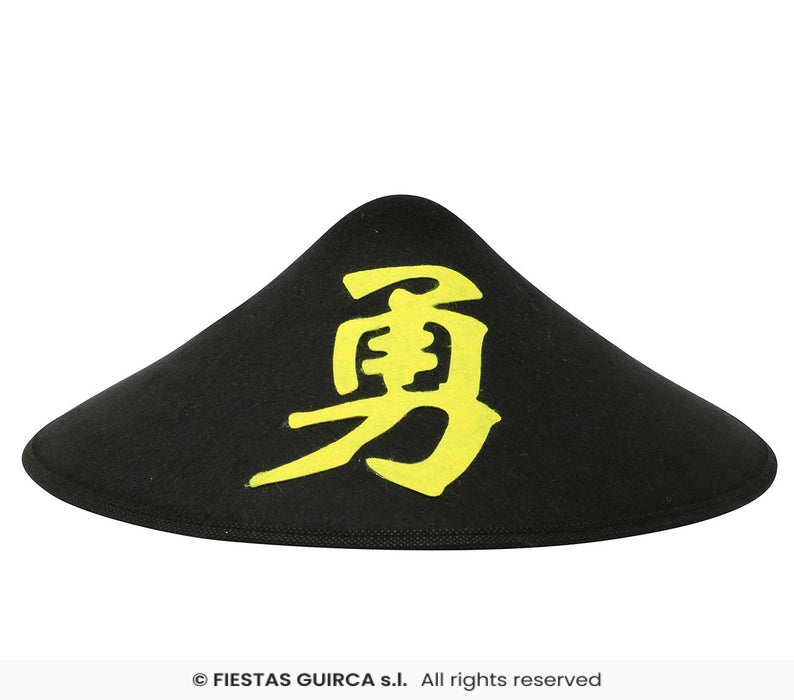 CAPPELLO CINESE GIALLO E NERO CON DECORAZIONE IDEOGRAMMA