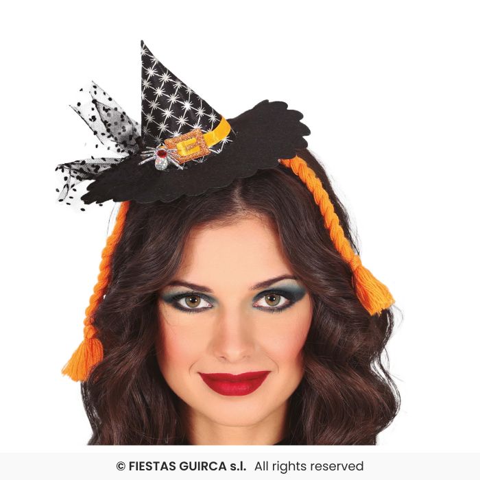 CERCHIETTO MINICAPPELLO STREGA CON TRECCE ARANCIONI