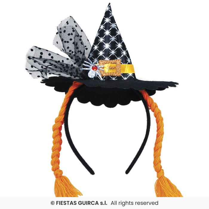 CERCHIETTO MINICAPPELLO STREGA CON TRECCE ARANCIONI