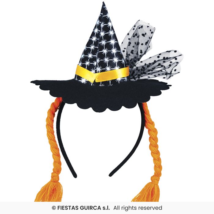 CERCHIETTO MINICAPPELLO STREGA CON TRECCE ARANCIONI