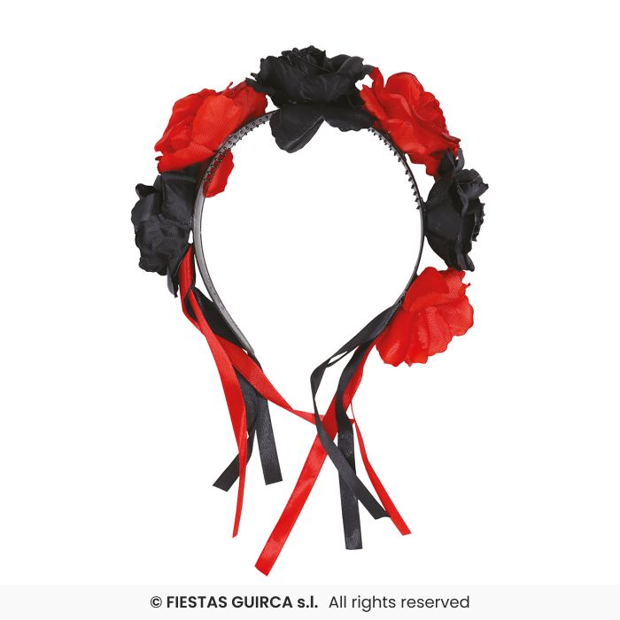 DIADEMA CATRINA CON FIORI ROSSI E NERI EL DIA DE LOS MUERTOS