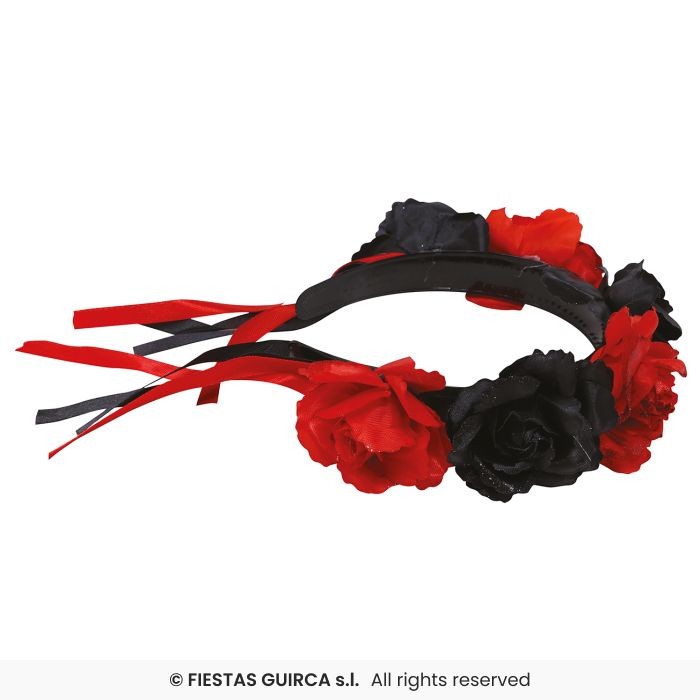 DIADEMA CATRINA CON FIORI ROSSI E NERI EL DIA DE LOS MUERTOS