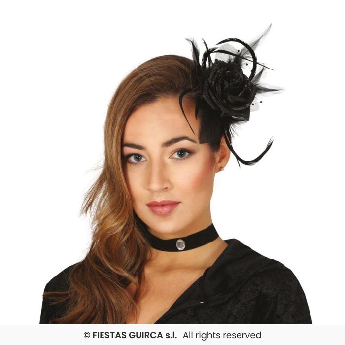 ROSA NERA PER CAPELLI CON MOLLETTA E PIUME GOTHIC DARK