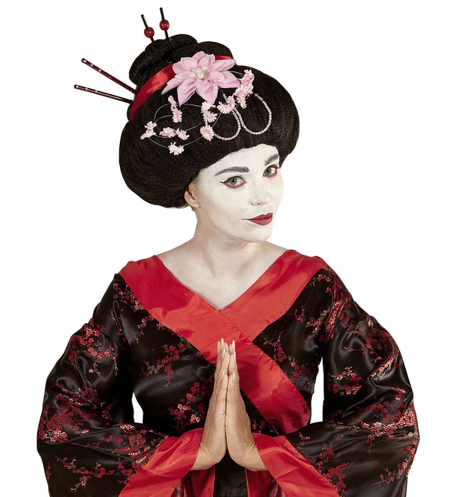 PARRUCCA GEISHA CON FIORI E BACCHETTE