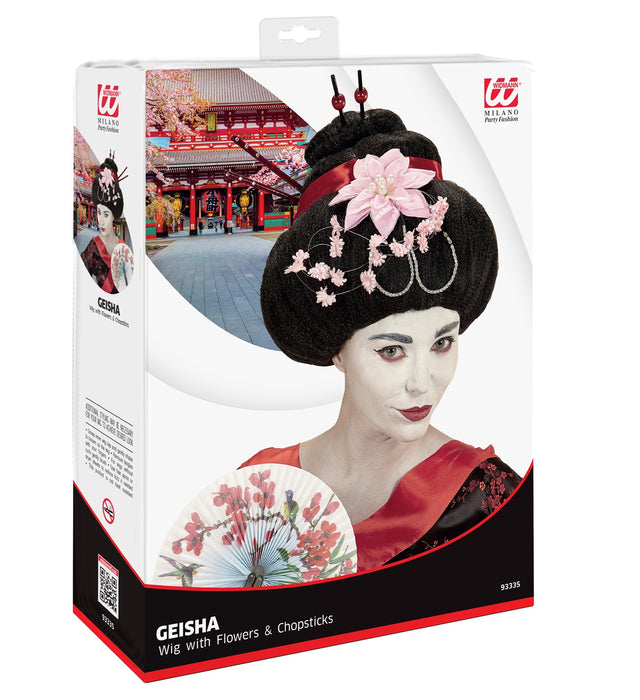 PARRUCCA GEISHA CON FIORI E BACCHETTE