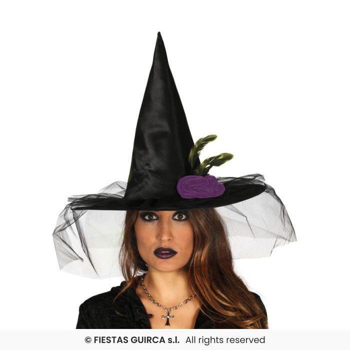 CAPPELLO DA STREGA CON VELO PIUME E STRASS