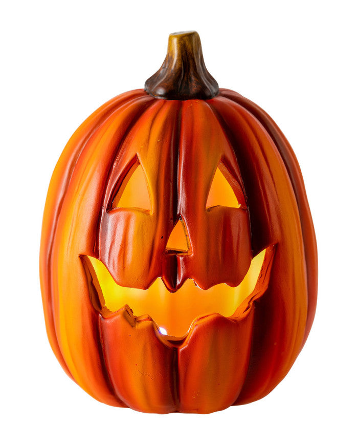 Decorazioni Zucca Halloween – 2 Scheletri In Ceramica Con Testa A Zucca E Luci LED Lampeggianti, Altezza 22 Cm